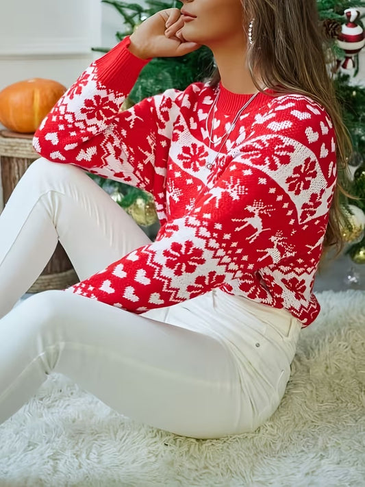 Women's Christmas Deer & Snowflake Jacquard Pullover
