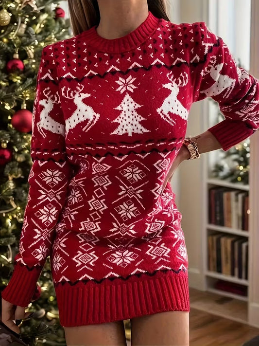 Women's Bodycon Sweater Dress - Xmas Tree Reindeer Print