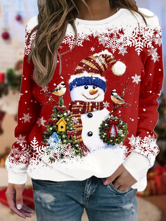 Women's Christmas Snowman Print Crew Neck Sweatshirt