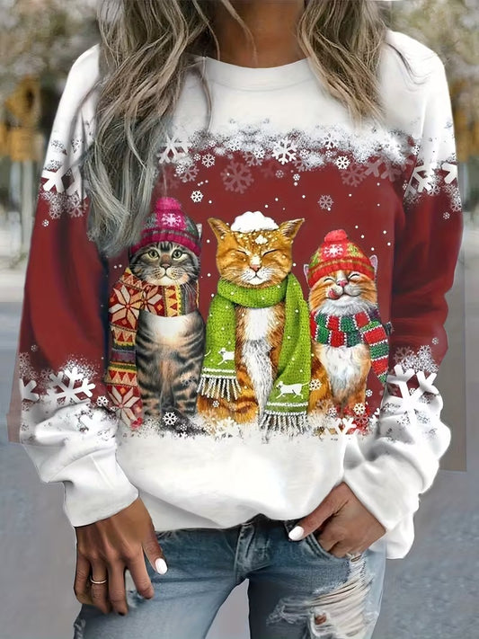 Women's Christmas Cat Print Long Sleeve Pullover Sweatshirt
